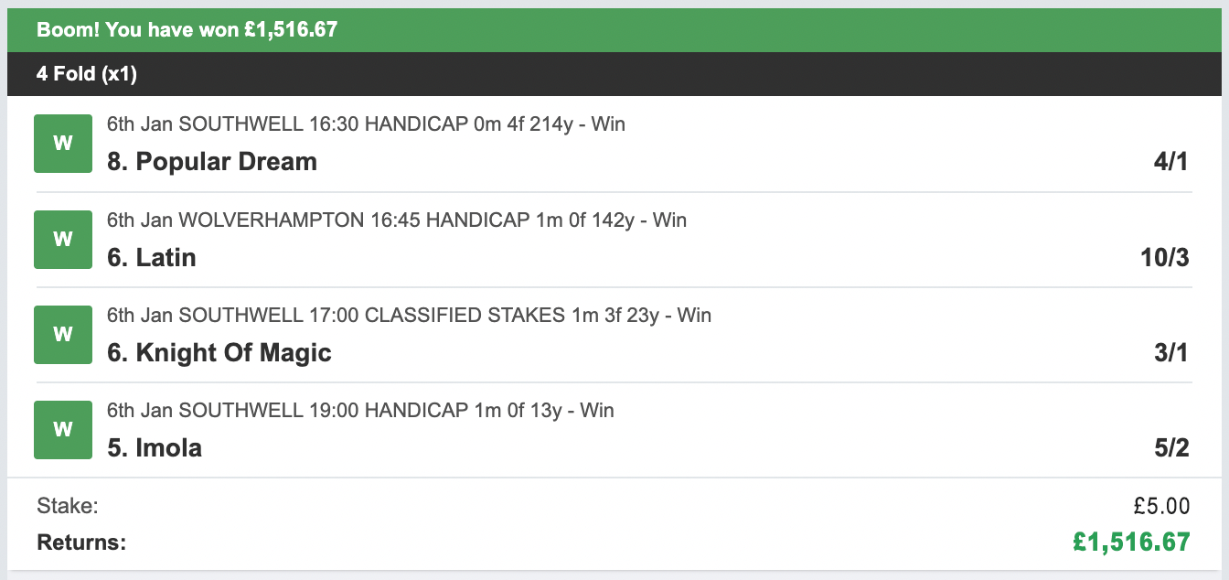 Winning betslip, 6th January 2026